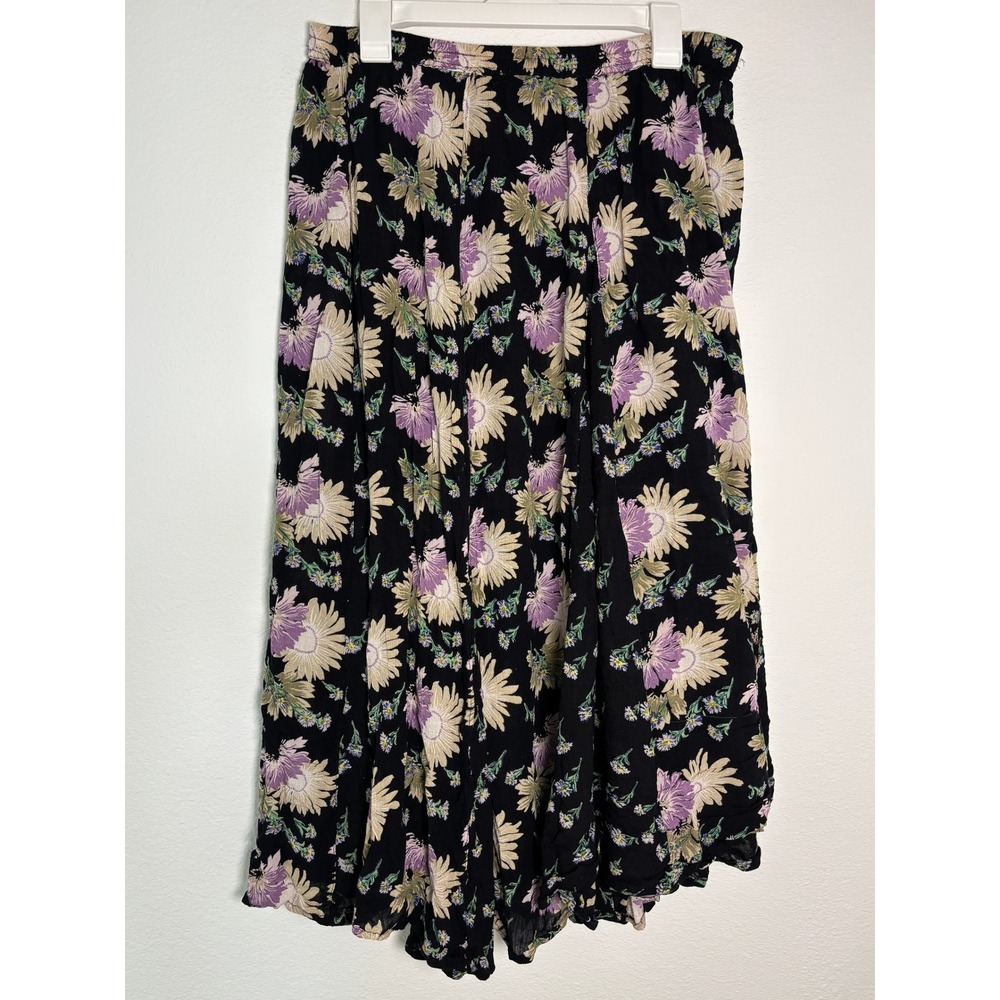 Vintage Neofostasia Floral Midi Skirt Black Purple Sunflower Rayon Boho Medium